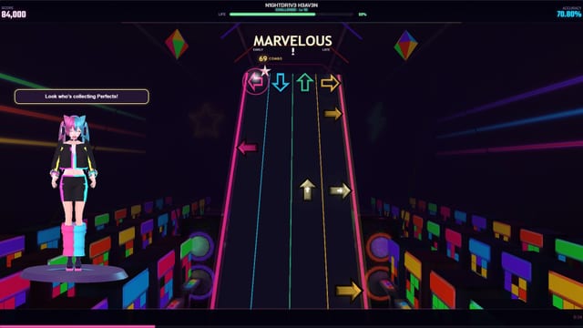 Four-lane neon highway with Miko on stage
