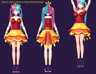Phoenix Flame Dress - front, back and jump pose